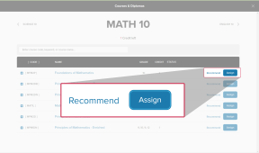 Math 10 course list is open. The "Recommend" and "Assign" buttons are highlighted next to a math course